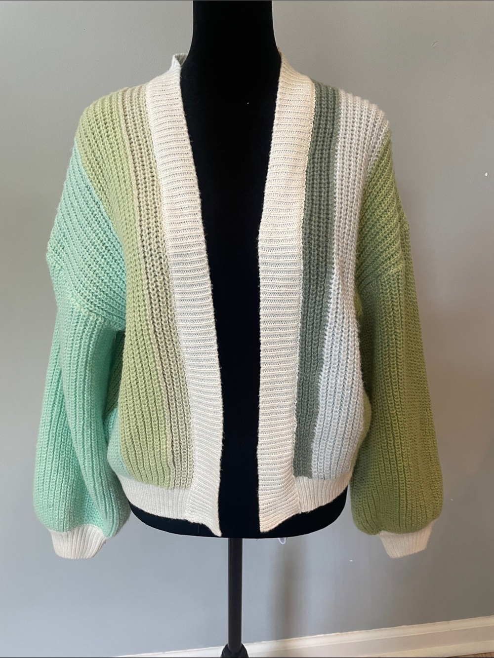 Oversized Striped Open-Front Sweater Cardigan - greens and white